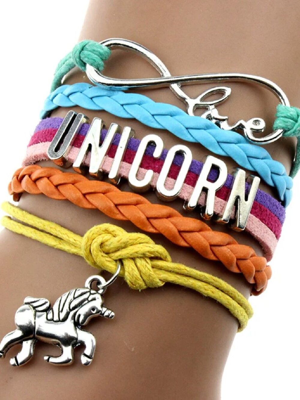 Rustic Handmade Infinity Unicorn Charm Leather Adjustable Bracelet - Rainbow